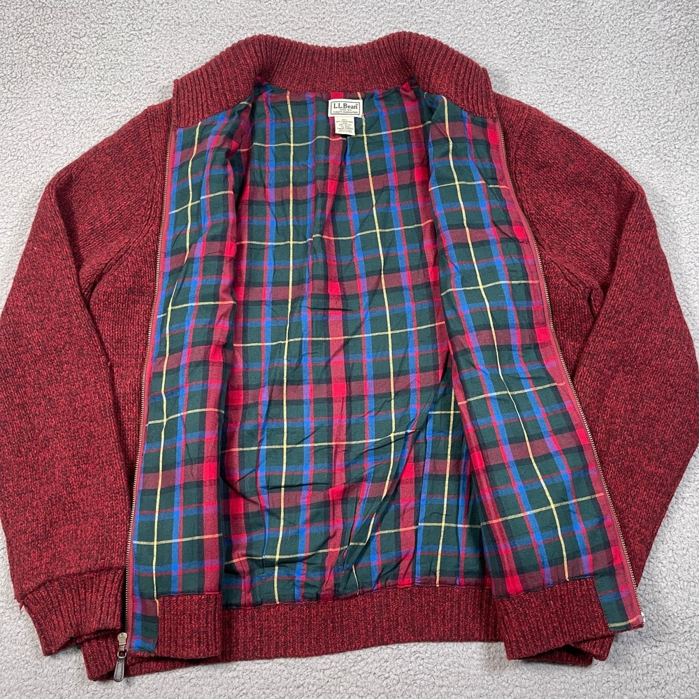 LL Bean Lambswool Full Zip Cardigan Mens XL Red Cotton Plaid Flannel Lined Ragg